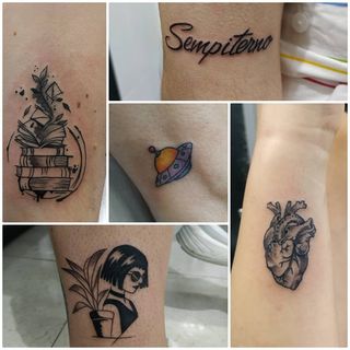 Tatuajes pequeños: libros, ovni, letras, silueta de mujer y corazón